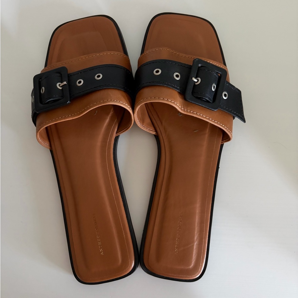 Tan and Black Buckle Slide Sandals - Anthropologie
